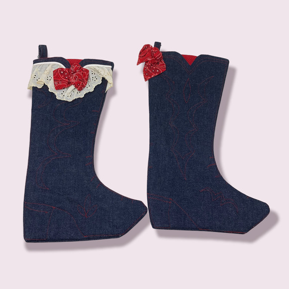 Lot 2 x Handmade OOAK Denim Embroidered Christmas Stockings Western Cowboy Boot - Picture 1 of 7